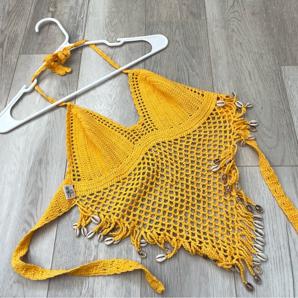 Crochet Halter Tank Top shell fringe crop womens Yellow (small) beach festival - Picture 4 of 6